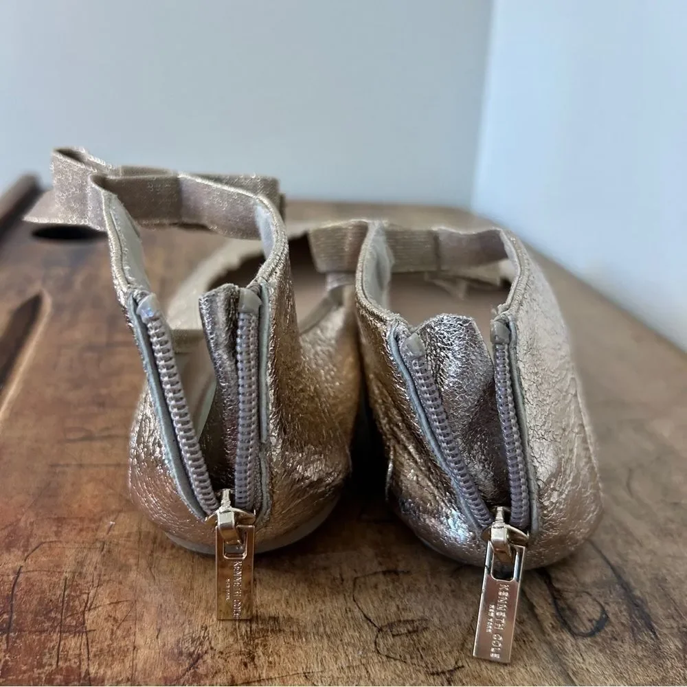 Kenneth Cole Rose Gold Metallic Ankle Strap Flats Shoes Bow Detail Girls 4.5
